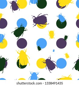Hand drawn beetle silhouette pattern. Colorful beetles on white dotted background. Vector illustration. For paper, fabric, banner, wrapping paper.
