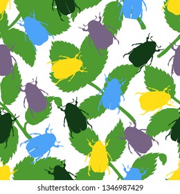 Hand drawn beetle silhouette pattern. Colorful beetles on white background. Vector illustration. For paper, fabric, banner, wrapping paper.