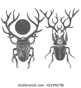 Hand drawn beetles. Black and white insects for design, logo or print. Dotwork style tattoo vector. 