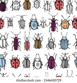Hand drawn beetles on white background. Vector seamless pattern 
