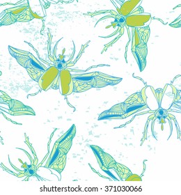 Hand drawn Beetles seamless pattern. Can be used for for postcard, t-shirt, fabric bag or poster. 