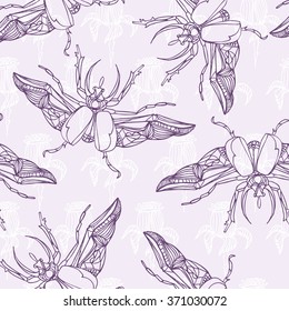 Hand drawn Beetles seamless pattern with flowers. Insect collection. Can be used for for postcard, t-shirt, fabric bag or poster