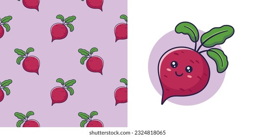 Hand dibujó a Beet en forma de doodle para diseñar ropa para bebés. Postcard con remolacha y patrón sin fisuras. Los niños diseñan textura para pijamas. Ilustración vectorial.