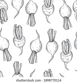 Hand drawn beets on white background. Vector seamless pattern.
