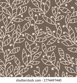 Handgezeichnete beige Äste mit schlichter Einrichtung auf ruhigem braunem Hintergrund. Nahtlose Blumenmuster. Geeignet für Textilien, Verpackungen, Tapeten.