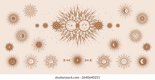 Hand drawn beige mystical Sun Moon with face, crescent, star. Spiritual celestial space, astrology sign, astronomy symbol. Magic talisman, antique style, boho, tarot. Vector outline illustration