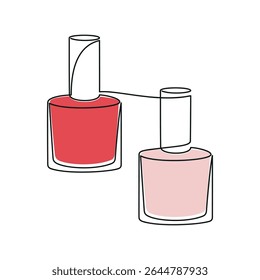 Hand drawn beige and red nail polish bottles vector. Cosmetics icon. One line continuous drawing. Beauty product linear silhouette. Minimal print, banner, card, poster, brochure, logo, sign, symbol.
