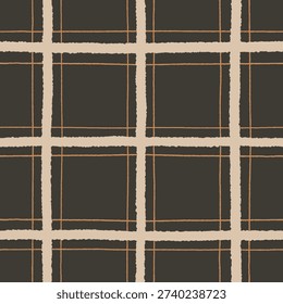Hand drawn beige wide lines and terracotta thin stripes form a structured plaid on deep earth tone background, creating a bold geometric base for eco branding, natural packaging and textile design