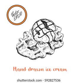 Hand drawn belgian waffle and big ice cream ball. Vector stock illustration. Sweet shop collection. 