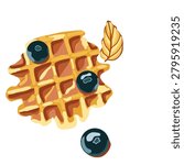 Hand Drawn Belgian Waffle with Blueberries and Autumn Leaf Illustration