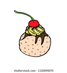 Hand drawn belgianwaffle and big ice cream ball. Vector stock illustration. Sweet shop collection. Colored sketch.