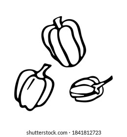 Hand drawn bell pepper in doodle style. Isolated on a white background.
Idea for logo, culinary design, food menu. Black and white vector image.
