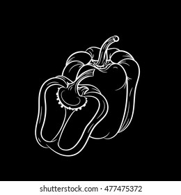 Hand drawn bell pepper sketch isolated on black background. Organic food. Vector engraved illustration