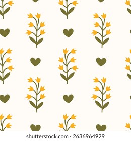 Hand Drawn Bellflower Seamless Pattern. Simple Yellow Wildflower with leaves and small green heart shapes. Cute Minimalist Floral Background. Repeat vector illustration