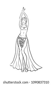 Hand drawn Belly dancer line art vector illustration for designing oriental dance or yoga club, indian culture event. Tribal Fusion. Mehndi element. Arabic Western dance. Poster, banner, logo, website