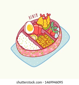 Hand drawn bento box. Japanese lunch box. Various traditional asian food. Take-out or home-packed meal. Colored trendy vector illustration. Kawaii anime design. Cartoon style