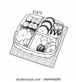 Hand drawn bento box. Japanese lunch box. Various traditional asian food. Take-out or home-packed meal. Black and white graphic trendy vector illustration. Kawaii anime design. Cartoon style