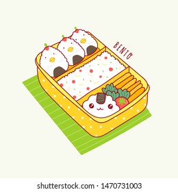 Hand drawn bento box. Japanese lunch box. Various traditional asian food. Take-out or home-packed meal. Colored trendy vector illustration. Kawaii anime design. Cartoon style