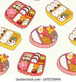 Hand drawn bento boxes. Japanese lunch boxes. Various traditional asian food. Take-out or home-packed meal. Colored trendy vector seamless pattern. Kawaii anime design. Cartoon style