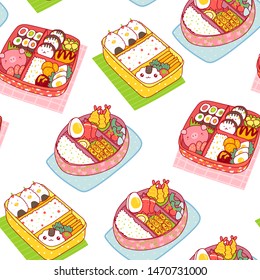 Hand drawn bento boxes. Japanese lunch boxes. Various traditional asian food. Take-out or home-packed meal. Colored trendy vector seamless pattern. Kawaii anime design. Cartoon style