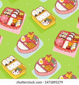 Hand drawn bento boxes. Japanese lunch boxes. Various traditional asian food. Colored trendy vector seamless pattern. Kawaii anime design. Cartoon style. Green background