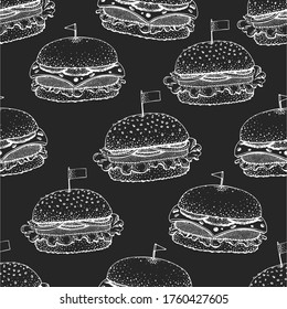 Patrón sin fisuras dibujado a mano en berger. Ilustraciones de hamburguesa vectorial Americam en pizarra. Fondo de comida rápida vintage
