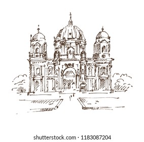 Hand drawn Berlin Cathedral. Berlin landmark. Vector illustration. Sketch.