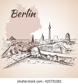 Hand drawn Berlin cityscape with Germany map