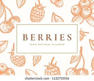 Hand Drawn Berries Illustration Card. Abstract Vector Cherries, Elderberry and Blackberry Sketch Background with Classy Retro Typography. Isolated.