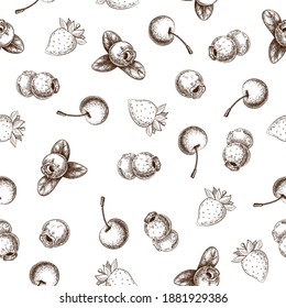 hand drawn berries seamless pattern isolated on white. mix of garden or forest berries endless background in vintage engraved style. Strawberry, blueberry, cherry sketch set. Summer fruit for design