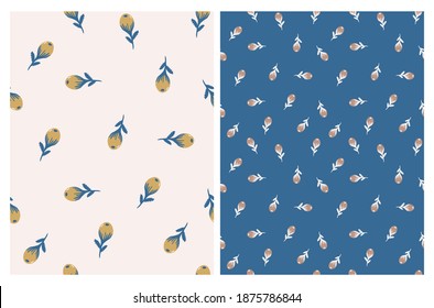 Hand Drawn Berries Seamless Vector Patterns. Brown and Gold Berries Isolated on a Beige and Dark Blue Background. Abstract Floral Print. Nursery Fabric.