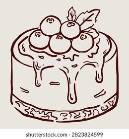 Hand drawn berry cake with dripping icing and fresh berries on top. Cute outline bakery dessert vector isolated on white background. Perfect for menus, stickers, bakery branding, recipe books and food illustrations.