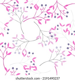 Hand drawn berry elements with leaves seamless pattern. Doodle botanical plants wallpape. Great for fabric design, textile print, wrapping, cover. Vector illustration