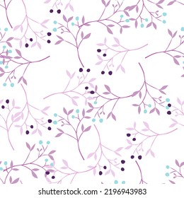 Hand drawn berry elements with leaves seamless pattern. Doodle botanical plants wallpape. Great for fabric design, textile print, wrapping, cover. Vector illustration