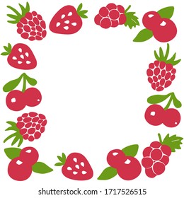 Handgezeichneter Beerenrahmen. Berry Symbol und Erdbeereinschrift für Druck und Web. Vektorillustration.