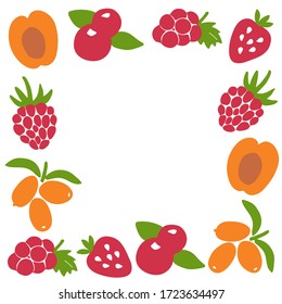 Hand drawn berry frame. Berry icon and strawberry inscription for print and web. Vector illustration.