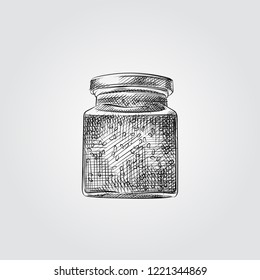 Hand Drawn Berry Jam glass jar Sketch Symbol isolated on white background. Vector glass jar In Trendy Style. Glass canning jars hand drawing sketches elements
