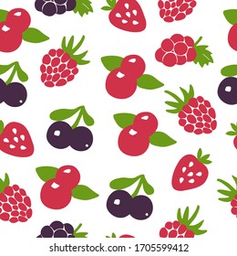Bayas dibujadas a mano sin fisuras. Icono de Berry y inscripción de fresa para impresión y web. Ilustración vectorial.