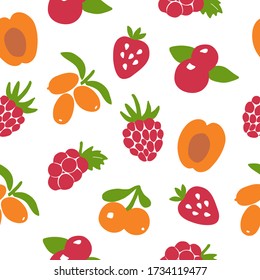 Hand drawn berry seamless pattern. Berry icon and strawberry inscription for print and web. Vector illustration.