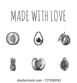 Hand Drawn Berry Sketches Set. Collection Of Pawpaw, Nectarine, Apricot And Other Sketch Elements.