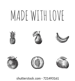 Hand Drawn Berry Sketches Set. Collection Of Banana, Ananas, Lime And Other Sketch Elements.