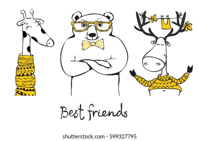 Hand drawn best friends - giraffe, bear and deer