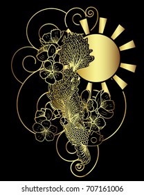 Hand drawn beta fish and sakura vector on black background.Japanese tattoo with gold sun and cloud design.Traditional Japanese culture for printing on background.