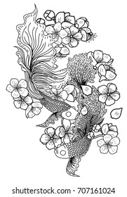 Hand drawn beta fish and sakura vector isolate on white background.Traditional Japanese culture for printing on background.