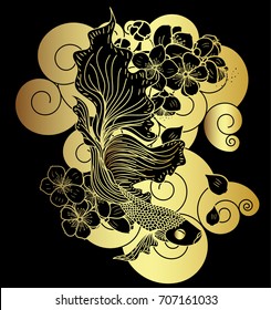 Hand drawn beta fish and sakura vector on black background.Japanese tattoo with gold gold cloud design.Traditional Japanese culture for printing on background.