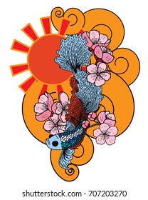 Hand drawn beta fish and sakura vector isolate on white background. colorful Japanese tattoo with red sun and cloud design.Traditional Japanese culture for printing on background.