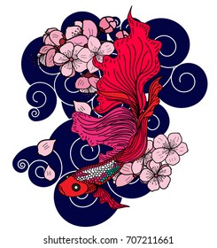 Hand drawn beta fish and sakura vector with cloud isolate on white background.Japanese tattoo design.Traditional Japanese culture for printing on background.