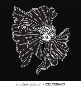 Handgezeichneter Bettfisch Aquatic Black Vintage Dunkle Kunst für Tattoo und Kleidung