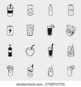 Ícones de bebida desenhados à mão definidos no estilo doodle. Coleção de refrigerantes, refrigerante, suco, coquetéis e limonada. Mínimas ilustrações em linha preta para menus, cafés, embalagens e design de interface do usuário.