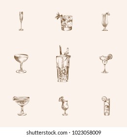 Hand drawn beverage sketches set. Collection of champagne, daiquiri, mAI tAI and other sketch elements.